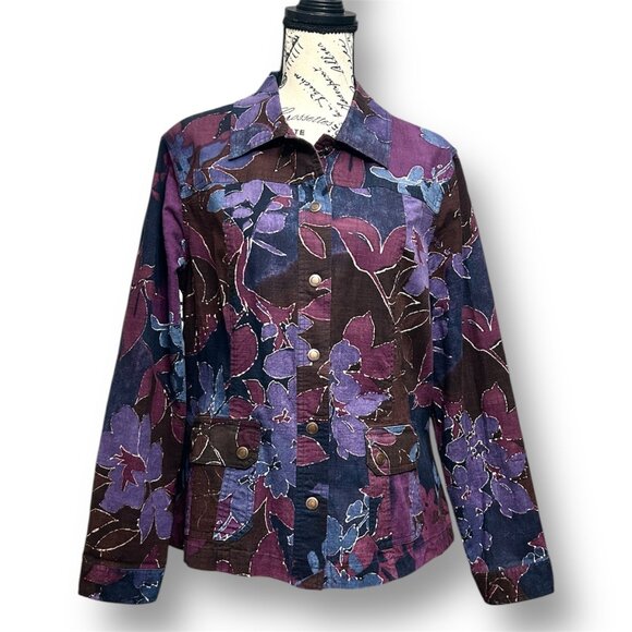 Vintage Coldwater Creek 16 Floral Front Pockets Jacket Purple Blue Boho Artsy - Picture 1 of 10